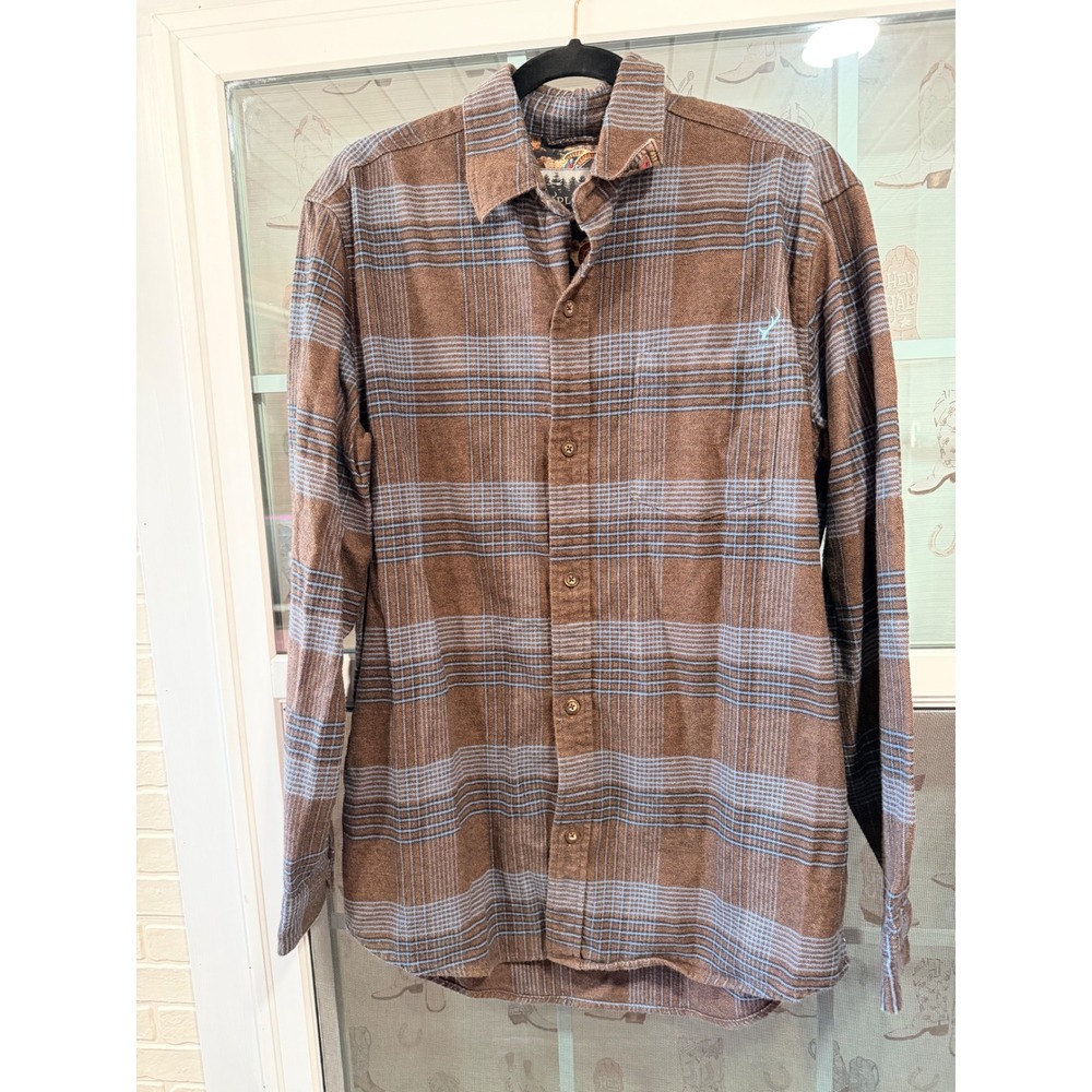 Pladra Mens Brown Blue Plaid Cotton Flannel Shirt Long Sleeve Turkey Print L